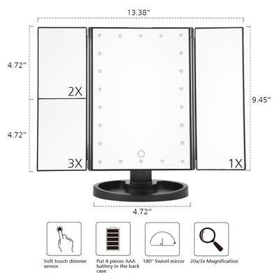 LED Touch Screen 22 Light Makeup Mirror Table Desktop Makeup 1X/2X/3X/10X Magnifying Mirrors Vanity 3 Folding Adjustable Mirror